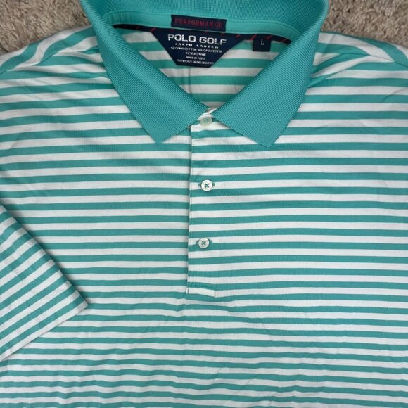 Polo Golf Ralph Lauren Performance Polo Blue White Striped Shirt Men's Large - Picture 1 of 16